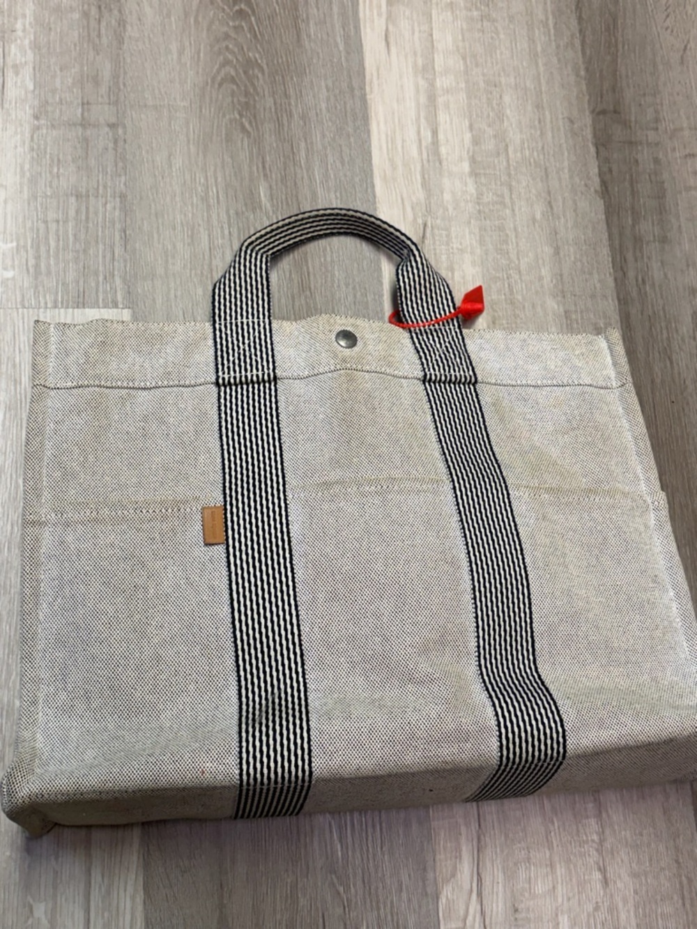 Authentic Hermes Canvas Tote Bag with Striped Handles - Beige - Picture 3 of 8